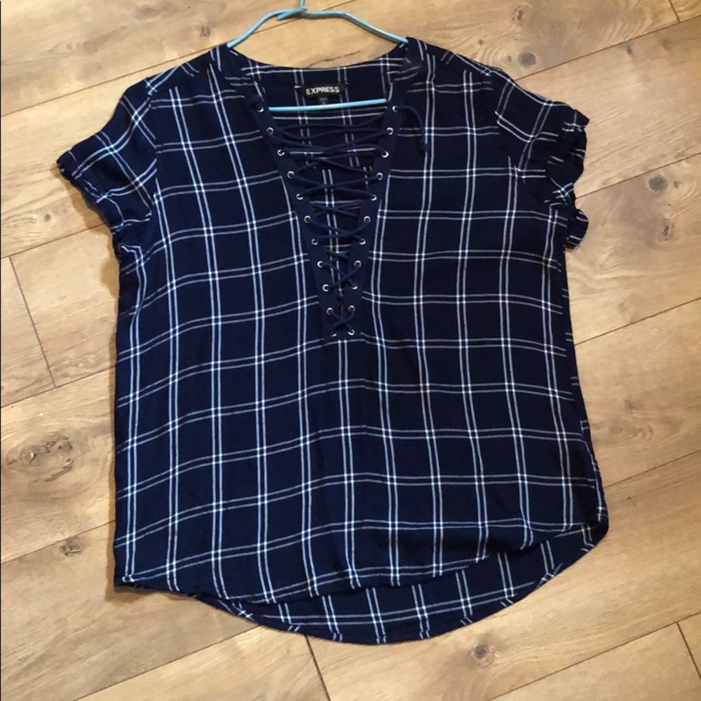 Short Sleeve Plaid Deep Lace-up V Neck